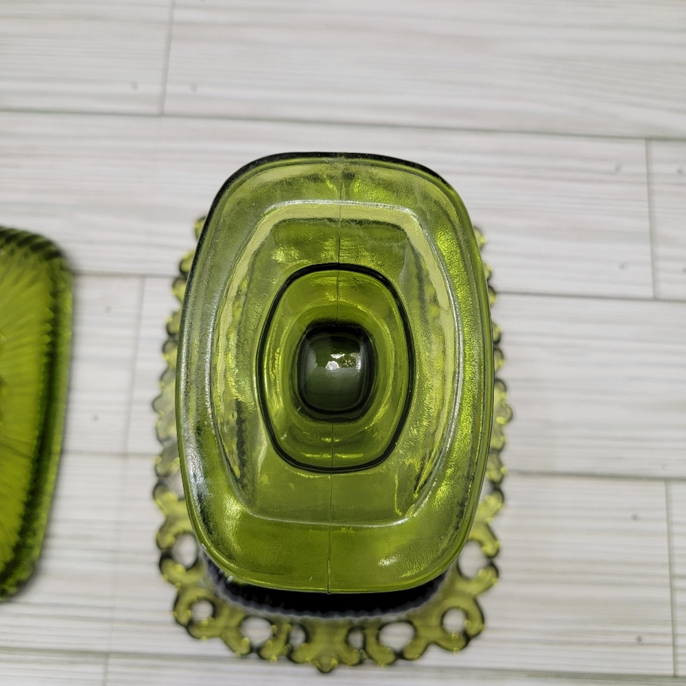 Indiana Glass Open Lace Edge Pedestal Candy Dush Avocado Green With Lid VTG - Picture 7 of 14